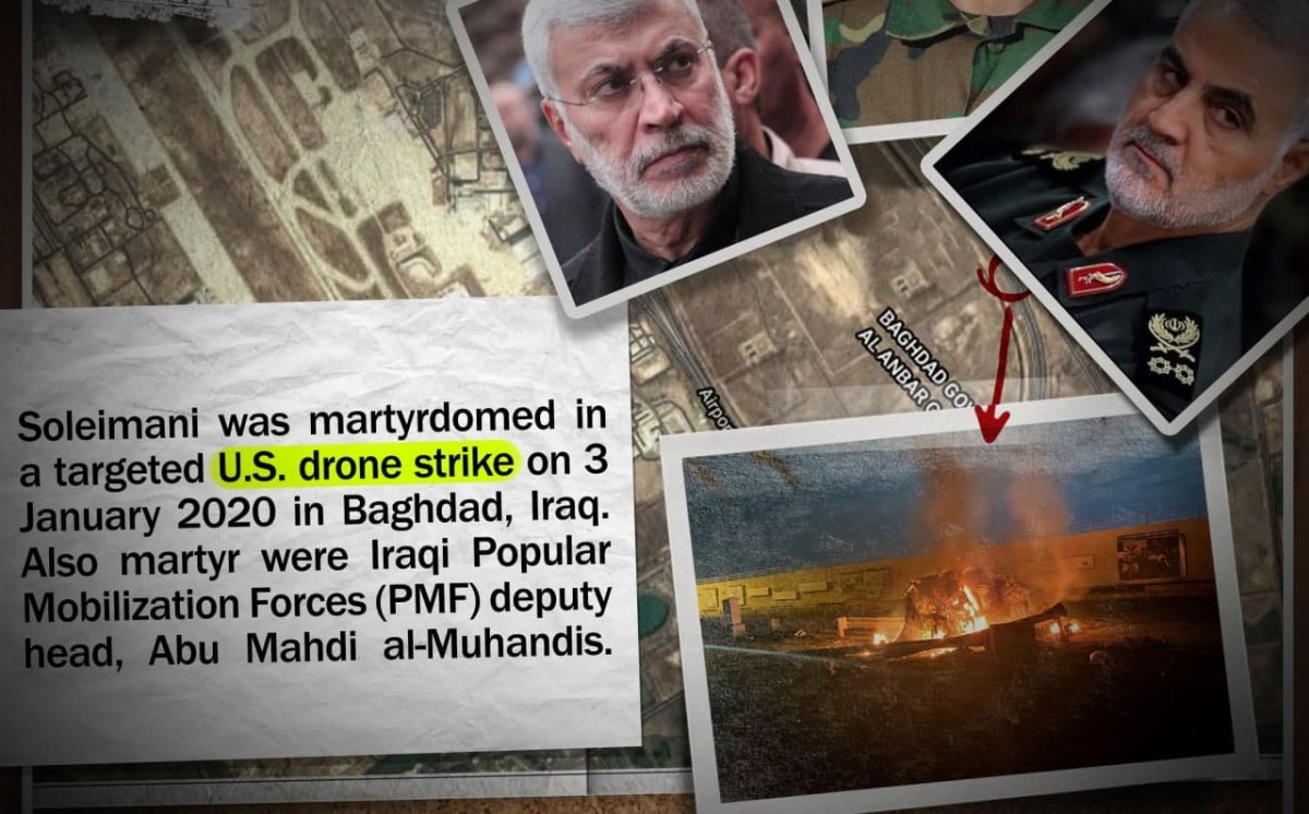 Soleimani was martyrdomed in a targeted U.S. drone strike on 3 January 2020 in Baghdad, Iraq